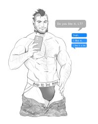 Rule 34 | 1boy, abs, arm hair, bandaid, bandaid on cheek, bandaid on face, bara, beard, bulge, call of duty, call of duty: modern warfare 2, camouflage, camouflage pants, chat log, chest hair, clothes pull, clothes writing, cropped legs, dilfborne (ventiskull), facial hair, greyscale, hairy, hand on own hip, highres, implied yaoi, jockstrap, large pectorals, long sideburns, looking at viewer, male focus, male underwear, mature male, military, military uniform, mohawk, monochrome, muscular, muscular male, mustache, navel hair, nipples, pants, pants pull, pectorals, selfie, short hair, sideburns, smile, soap (modern warfare 2), solo, stubble, thick eyebrows, thick thighs, thighs, topless male, undercut, underwear, uniform