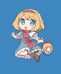 Rule 34 | 1girl, :o, alice margatroid, blonde hair, blue background, blue dress, blue eyes, boots, capelet, chibi, citrus (place), commentary request, dress, full body, hairband, looking at viewer, open mouth, shanghai doll, short hair, simple background, solo, touhou