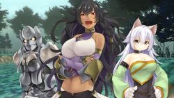 Rule 34 | 3girls, absurdres, animal ears, animal hands, armor, armored skirt, atelier-moo, bare shoulders, black hair, breasts, cat ears, cat girl, cleavage, closed mouth, collar, covered face, covering face, cowboy shot, crop top, dark-skinned female, dark skin, detached sleeves, felin, full armor, gloves, hair between eyes, hands on own hips, helm, helmet, highres, large breasts, lipstick, long hair, looking at viewer, makeup, malicia, multiple girls, narrow waist, navel, open mouth, paw gloves, piercing, plate armor, red eyes, short shorts, shorts, shoulder armor, smile, standing, therese (wizards symphony), very long hair, wavy hair, white hair, wizards symphony, yellow eyes