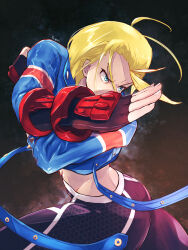 Rule 34 | 1girl, ahoge, ass, blonde hair, blue eyes, cammy white, commentary request, cowboy shot, cropped jacket, fingerless gloves, glaring, gloves, highres, jacket, midriff, pants, short hair, signature, solo, street fighter, street fighter 6, twisted torso, union jack print, yoga pants, yuenibushi