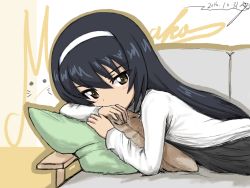 Rule 34 | 1girl, black hair, bukkuri, commentary request, couch, covered mouth, girls und panzer, hairband, long hair, long sleeves, looking at viewer, lying, hugging object, on couch, open mouth, pillow, pillow hug, reizei mako, shirt, white hairband, white shirt, yellow eyes