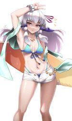 Rule 34 | 1girl, :o, alternate costume, armpits, artist name, bikini, blue bikini, blush, breasts, burnt green tea, collarbone, commentary, english commentary, fire emblem, fire emblem: three houses, floating hair, hair between eyes, hair ribbon, highres, holding, holding surfboard, jewelry, long hair, looking at viewer, lysithea von ordelia, navel, necklace, nintendo, pink eyes, pink ribbon, ribbon, short shorts, shorts, simple background, small breasts, solo, stomach, surfboard, swimsuit, v, wet, white background, white hair, white shorts