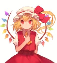 Rule 34 | 1girl, blonde hair, blush, crystal, flandre scarlet, hand on own chest, hat, hat ribbon, kitada mo, looking at viewer, mob cap, puffy sleeves, red eyes, ribbon, shirt, short hair, short sleeves, side ponytail, simple background, skirt, skirt set, solo, touhou, upper body, vest, white background, wings