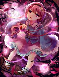 Rule 34 | 1girl, ankle socks, frilled skirt, frilled sleeves, frills, gradient background, hairband, head tilt, heart, highres, itsumizu, komeiji satori, long sleeves, looking at viewer, mary janes, open mouth, petals, pink eyes, pink hair, plant, shoes, short hair, sitting, skirt, socks, solo, third eye, touhou, vines