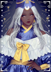 Rule 34 | &#039;o&#039;ne, 1girl, bare shoulders, blue background, blue theme, bow, crescent moon, dark-skinned female, dark skin, dress, earrings, framed, hand on own hip, hat, high collar, jewelry, lips, long hair, long sleeves, looking at viewer, moon, nail polish, off-shoulder dress, off shoulder, original, parted lips, puffy long sleeves, puffy sleeves, solo, star (symbol), white hair, wizard hat, yellow eyes, yellow nails