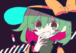 Rule 34 | 1girl, :d, black hat, blouse, blush, blush stickers, bow, colored inner hair, commentary, eyebrows hidden by hair, fang, frilled shirt collar, frilled sleeves, frills, green eyes, green hair, grey background, hair between eyes, hand up, happy, hat, hat bow, hatsushiro mamimu, komeiji koishi, long sleeves, looking at viewer, multicolored hair, open hand, open mouth, pill, pink hair, portrait, shirt, short hair, simple background, skin fang, smile, solo, touhou, two-sided fabric, yellow bow, yellow shirt