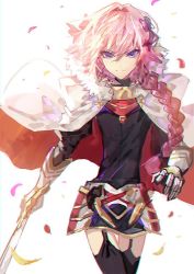 Rule 34 | 1boy, 369minmin, androgynous, astolfo (fate), bad proportions, black thighhighs, braid, cape, chromatic aberration, fate/apocrypha, fate (series), garter straps, hair ribbon, long hair, looking at viewer, male focus, pink hair, purple eyes, ribbon, single braid, smile, solo, sword, thighhighs, trap, weapon, white background