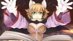 Rule 34 | 1girl, animal ears, animal hands, arms up, atelier-moo, book, breasts, brown hair, cat ears, cat girl, cat paws, cleavage, closed mouth, dungeon, feline sora, green eyes, hair between eyes, highres, large breasts, long sleeves, looking at viewer, narrow waist, open book, outstretched arms, short hair, solo, standing, upper body, wizards symphony