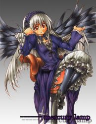 Rule 34 | 00s, 1girl, ass, black legwear, black wings, bloomers, chair, dress, english text, flower, frills, full body, hairband, head rest, holding, holding hair, long hair, looking at viewer, onono imoko, puffy sleeves, reclining, red eyes, rose, rozen maiden, shoes, silver hair, sitting, smile, solo, suigintou, traditional media, underwear, very long hair, wide sleeves, wings