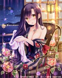 Rule 34 | 1girl, black hair, blush, breasts, chair, cleavage, collarbone, embarrassed, falkyrie no monshou, holding, holding towel, japanese clothes, kimono, large breasts, long hair, looking at viewer, natsumekinoko, night, night sky, official art, open mouth, sitting, sky, solo, striped clothes, striped kimono, towel, vertical-striped clothes, vertical-striped kimono, yellow eyes