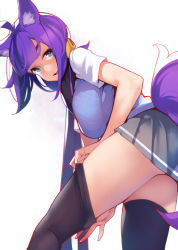 Rule 34 | 1girl, absurdres, animal ears, ataruman, black thighhighs, blush, breasts, chromatic aberration, fox ears, fox tail, hair ornament, highres, large breasts, looking at viewer, open mouth, original, purple hair, scarf, school uniform, short hair, simple background, skirt, smile, solo, sweater vest, tail, thighhighs, thighhighs pull, white background