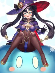 Rule 34 | 1girl, aqua eyes, black hair, black pantyhose, blush, bodystocking, bodysuit, breasts, cape, cleavage, crotch seam, genshin impact, hair ornament, hat, knees up, long hair, mona (genshin impact), navel, open mouth, pantyhose, see-through, sitting, slime (creature), slime (genshin impact), slime (substance), small breasts, spread legs, surprised, twintails, witch, witch hat, yamanokami eaka