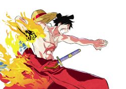 Rule 34 | 1boy, absurdres, black hair, chonmage, clenched teeth, commentary request, cowboy shot, fire, hat, highres, japanese clothes, kimono, kojima takashi, looking ahead, male focus, monkey d. luffy, one piece, profile, red kimono, scar, scar on chest, simple background, solo, straw hat, sword, teeth, topknot, topless male, weapon, white background