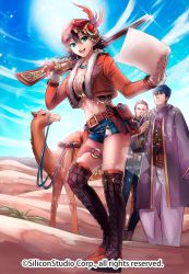 Rule 34 | 1girl, 2boys, belt, boots, breasts, brown hair, camel, cleavage, company name, earrings, feathers, fur trim, gem, gun, gyakushuu no fantasica, highres, jewelry, midriff, multiple boys, navel, official art, open mouth, sky, sparkle, sun, teeth, thigh boots, thighhighs, turban, weapon, yamagishi chihiro