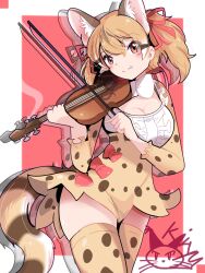 Rule 34 | 1girl, animal ears, belt, bow, bow (music), bowtie, brown eyes, brown hair, cat ears, cat girl, cat tail, extra ears, highres, instrument, kemono friends, kemono friends v project, kiryu (rnrwbhybsxj4qgk), large-spotted genet (kemono friends), long hair, looking at viewer, red background, ribbon, shirt, simple background, skirt, solo, tail, thighhighs, tongue, twintails, violin, virtual youtuber