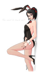 Rule 34 | 1girl, against wall, alternate costume, alternate hairstyle, animal ears, bare shoulders, bayonetta, bayonetta (series), black hair, blue eyes, bow, bowtie, breasts, darika wora-apinyaporn, detached collar, english text, eyeshadow, fake animal ears, female focus, fishnet pantyhose, fishnets, glasses, hair ribbon, half-closed eyes, high heels, jewelry, large breasts, leotard, lipstick, long hair, makeup, mole, mole under mouth, nail polish, paintze, pantyhose, playboy bunny, ponytail, rabbit ears, rabbit tail, ribbon, ring, shoes, sideboob, simple background, solo, tail, white background, wrist cuffs