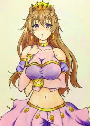 Rule 34 | 1girl, :o, arm between breasts, artist name, artist request, blush, bracelet, breasts, brown hair, butterfly (love live!), choker, cleavage, clothing cutout, collarbone, cropped shirt, crown, detached sleeves, double bun, dress, dress shirt, earrings, female focus, gold bracelet, hair between eyes, hair bun, hair rings, harem outfit, jewelry, konoe kanata, long hair, looking at viewer, love live!, love live! nijigasaki high school idol club, love live! school idol festival, medium breasts, navel, parted lips, puffy short sleeves, puffy sleeves, purple eyes, purple shirt, purple shorts, shirt, short sleeves, shorts, shoulder cutout, smile, solo, two side up, white background, yellow bracelet, yellow choker