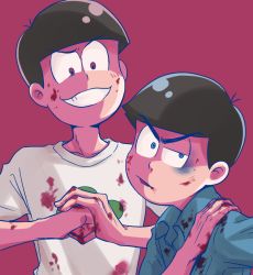 Rule 34 | 10s, 2boys, alternate eye color, bad id, bad pixiv id, black hair, blood, blood on clothes, blood on face, blue eyes, brothers, cracking knuckles, evil grin, evil smile, eyebrows, grin, jumpsuit, male focus, matsuno karamatsu, matsuno osomatsu, multiple boys, open mouth, osomatsu-kun, osomatsu-san, osomatsu (series), red background, red eyes, siblings, simple background, sleeves rolled up, smile, triangle mouth, upper body, yoshimichi