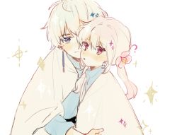 1boy 1girl bishounen bloom_(sky:_children_of_the_light) blue_eyes blunt_bangs cape cherry_blossoms flower grateful_shell_collector grey_hair hair_flower hair_ornament highres holding holding_flower hug looking_at_viewer pink_eyes short_hair shui1146 sidelocks sky:_children_of_the_light twintails white_hair