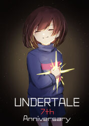 Rule 34 | 1other, absurdres, androgynous, anniversary, blue shirt, blue shorts, bob cut, brown hair, child, closed eyes, closed mouth, commentary, copyright name, cowboy shot, dark background, english commentary, english text, facing viewer, frisk (undertale), gradient background, highres, holding, long sleeves, mukomaru, object request, shirt, short hair, shorts, smile, solo, striped clothes, striped shirt, striped sweater, sweater, turtleneck, two-tone shirt, undertale