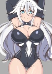 Rule 34 | 1girl, armpits, arms behind head, black heart (neptunia), blue eyes, blush, bodysuit, breasts, cleavage, dura, highres, large breasts, leotard, long hair, looking at viewer, neptune (series), noire (neptunia), sleeved gloves, smile, solo, white hair
