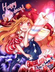 Rule 34 | 1girl, american flag dress, american flag legwear, bad id, bad twitter id, blonde hair, blush, candle, clownpiece, dress, fairy wings, fang, fire, happy birthday, hat, highres, jester cap, long hair, looking at viewer, neck ruff, open mouth, oversized object, pantyhose, polka dot, red eyes, short dress, smile, solo, star (symbol), star print, striped clothes, striped pantyhose, tis (shan0x0shan), touhou, very long hair, wings