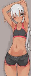 Rule 34 | 1girl, ;), armpits, arms up, bare arms, black bra, black shorts, blush, body blush, bra, brown eyes, closed mouth, collarbone, copyright request, cowboy shot, dark skin, dark-skinned female, flat chest, grey background, highres, legs apart, looking to the side, nagayama (zappazappa), one eye closed, shorts, silver hair, simple background, smile, solo, sports bra, standing, stretching, thighs, tsurime, underwear