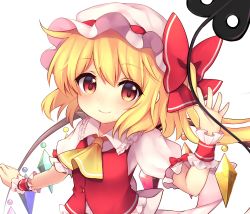 Rule 34 | 1girl, ascot, bow, buttons, closed mouth, commentary request, crystal, dot nose, eyelashes, fang, flandre scarlet, frilled shirt collar, frilled skirt, frilled sleeves, frills, hat, hat bow, hat ribbon, highres, holding, laevatein (touhou), looking at viewer, mob cap, one side up, puffy short sleeves, puffy sleeves, red bow, red eyes, red ribbon, red skirt, red vest, ribbon, ruhika, short hair, short sleeves, side ponytail, sidelocks, simple background, skirt, smile, solo, touhou, upper body, vest, weapon, white background, white hat, wings, wristband, yellow ascot