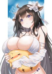 Rule 34 | 1girl, :&lt;, ?, ??, absurdres, ahoge, animal ears, azur lane, bare shoulders, bikini, blush, breasts, brown hair, chinese commentary, cleavage, commentary request, cow ears, cow girl, cow horns, detached sleeves, drooling, flower, hair flower, hair ornament, head tilt, highres, horns, huge breasts, kashino (azur lane), kashino (hot springs relaxation) (azur lane), long hair, looking at viewer, manjuu (azur lane), momu (su), purple eyes, solo, swimsuit, very long hair, wet, white bikini, white flower