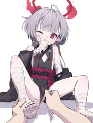 Rule 34 | 1girl, absurdres, applying bandages, bandaged arm, bandaged foot, bandaged leg, bandages, black kimono, black nails, blue archive, blush, breasts, cleavage cutout, clothing cutout, commentary request, feet, grey hair, halo, highres, hirotaka0125, japanese clothes, kimono, legs, long hair, nail polish, obi, one eye closed, pink pupils, pointy ears, pov, pov hands, red eyes, red halo, revision, sash, shuro (blue archive), small breasts, solo focus, tearing up, toenail polish, toenails, toes, very long hair