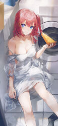Rule 34 | 1girl, absurdres, alternate costume, asta (honkai: star rail), bare shoulders, blue eyes, braid, breasts, cleavage, closed mouth, commentary request, feet out of frame, food, highres, holding, holding food, honkai: star rail, honkai (series), looking at viewer, medium breasts, medium hair, off shoulder, on floor, one side up, pie, pie slice, red hair, single braid, sitting, smile, solo, strap slip, swkl:d, tile floor, tiles, washing machine
