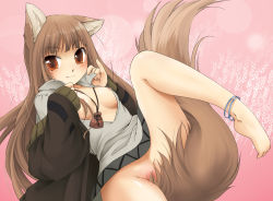 Rule 34 | 00s, 1girl, animal ears, barefoot, bottomless, breasts, brown hair, feet, holo, ikuta takanon, long hair, nipple slip, nipples, no panties, open clothes, open shirt, pussy, pussy peek, red eyes, shirt, small breasts, solo, spice and wolf, tail, takanon, toe scrunch, toes, wolf ears, wolf tail