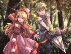 1boy 1girl :d ;d ahoge armor bare_arms belt beret blonde_hair brother_and_sister brown_belt brown_eyes commentary_request commission dress forest green_hair grey_pants grey_shirt hat headband holding holding_staff light_particles long_hair mage_staff nature one_eye_closed open_mouth orange_dress orange_hat pants pauldrons pipiro_(zwei!!) pockle_(zwei!!) pom_pom_(clothes) ponytail purple_eyes purple_headband shirt shoulder_armor siblings skeb_commission smile staff vest yakka zwei!!