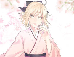 Rule 34 | 1girl, ahoge, black bow, blonde hair, blurry, bow, cherry blossoms, depth of field, fate/grand order, fate (series), flower, grey eyes, hair bow, half updo, holding, holding flower, japanese clothes, kanameyura, kimono, koha-ace, looking at viewer, obi, okita souji (fate), okita souji (koha-ace), outdoors, parted lips, pink kimono, sash, short hair, solo, upper body