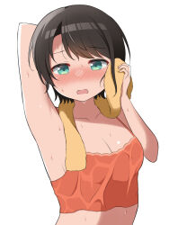 Rule 34 | 1girl, arm behind head, arm up, armpits, blush, breasts, cleavage, collarbone, commentary, crop top, green eyes, hololive, looking at viewer, medium breasts, midriff, nero (starlightbrakerexfb), oozora subaru, open mouth, shiny skin, short hair, simple background, small breasts, sweat, sweaty clothes, towel, towel around neck, upper body, virtual youtuber, white background, wiping face