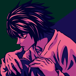 Rule 34 | 1boy, b lovkl, biting, black hair, brown eyes, collarbone, death note, finger to mouth, fingernails, l (death note), nail biting, pale skin, shirt, spiked hair, squatting, white shirt