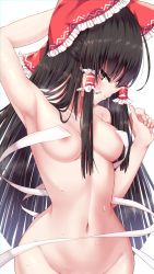 Rule 34 | 1girl, absurdres, areola slip, arm behind head, arm up, armpits, back hair, bow, breasts, closed mouth, completely nude, convenient censoring, groin, hair bow, hair tubes, hakurei reimu, highres, long hair, looking at viewer, medium breasts, midriff, navel, nude, out-of-frame censoring, rankasei, red bow, red eyes, sarashi, sidelocks, simple background, solo, sweat, touhou, upper body, white background