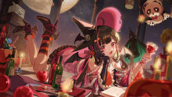 Rule 34 | + +, 2girls, ahoge, alcohol, apple, arm support, bare shoulders, bat ornament, bat wings, black dress, black footwear, black hair, black headwear, black legwear, blurry, blurry foreground, book, bottle, box, candle, chess piece, commentary, creature, cup, detached sleeves, dress, drinking glass, fang, food, food-themed hair ornament, frilled dress, frilled sleeves, frills, fruit, gift, gift box, green hair, hair ornament, hair ribbon, halloween, hat, head rest, high heels, highres, hitokoto, holding, holding cup, jewelry, legs up, long hair, looking at viewer, lying, mechanical arms, moon, multicolored hair, multiple girls, nail polish, necklace, night, off shoulder, on stomach, open book, open mouth, orange socks, phonograph, pillar, pink dress, pink ribbon, pulao: dragontoll (punishing: gray raven), pulao (punishing: gray raven), pumpkin, pumpkin hair ornament, punishing: gray raven, qu: pavo (punishing: gray raven), qu (punishing: gray raven), red eyes, red hair, red nails, ribbon, single mechanical arm, single sock, sky, smile, socks, solo focus, standing, star (sky), starry sky, streaked hair, striped clothes, striped legwear, striped socks, symbol-only commentary, two-tone hair, wine, wine bottle, wings, witch hat