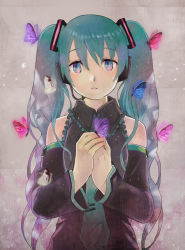 Rule 34 | aqua eyes, aqua hair, bad id, bad pixiv id, bug, butterfly, detached sleeves, hatsune miku, headset, insect, kotetsu (popeethe), long hair, necktie, solo, twintails, vocaloid