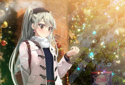 Rule 34 | 10s, 1girl, alternate costume, amatsukaze (kancolle), arm behind back, bag, bauble, belt, belt buckle, black hat, blue sweater, blush, brick wall, brown eyes, buckle, building, christmas ornaments, christmas tree, coat, earrings, eyelashes, fedora, green hair, handbag, hat, jewelry, kantai collection, long hair, long sleeves, open clothes, open coat, outdoors, over shoulder, scarf, snowflakes, solo, sweater, twintails, two side up, upper body, watch, white coat, white scarf, winter, wristwatch, yahako