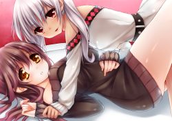 Rule 34 | 2girls, bare shoulders, belt, breasts, brown hair, dress, fang, highres, long hair, lying, multiple girls, on back, open mouth, original, parted lips, rayn, red eyes, silver hair, small breasts, smile, sweater, sweater dress, yellow eyes, yuri