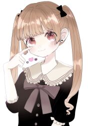 Rule 34 | 1girl, amt sn, blush, bow, bow earrings, brown hair, earrings, finger to cheek, frilled shirt collar, frilled sleeves, frills, hair bow, highres, jewelry, long hair, neck ribbon, original, red eyes, ribbon, short sleeves, smile, solo, twintails, upper body