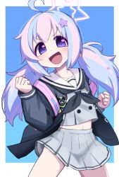 Rule 34 | 1girl, :d, bag, blue archive, commentary request, hair between eyes, hair ornament, halo, highres, jacket, long hair, long sleeves, looking at viewer, low twintails, midriff, multicolored hair, navel, nirato shungiku, open mouth, pink hair, pleated skirt, purple eyes, purple hair, reisa (blue archive), school bag, school uniform, serafuku, sidelocks, skirt, smile, solo, star (symbol), star hair ornament, streaked hair, twintails