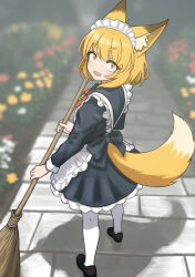 Rule 34 | 1girl, animal ears, apron, black dress, black footwear, blonde hair, blurry, blurry background, bow, broom, dress, flower, fox ears, fox girl, fox tail, frilled apron, frilled dress, frills, highres, holding, holding broom, looking at viewer, maid, nito (nshtntr), open mouth, original, pantyhose, shadow, shoes, short hair, solo, standing, tail, white apron, white pantyhose, yellow eyes