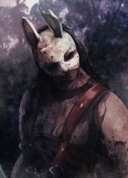 Rule 34 | 1girl, blood, blood on mask, cracked mask, dead by daylight, long sleeves, mask, rabbit mask, ruikodx, solo, suspenders, the huntress (dead by daylight), white mask