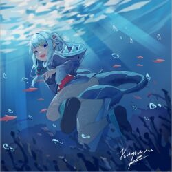 Rule 34 | 1girl, animal hood, blue eyes, blue hair, fins, fish, fish tail, gawr gura, gawr gura (1st costume), hololive, hololive english, hood, looking at viewer, medium hair, open mouth, outdoors, shark girl, shark hood, shark tail, sharp teeth, shoes, short twintails, smile, solo, suimz, tail, teeth, twintails, underwater, upper teeth only, virtual youtuber, white hair