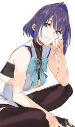 Rule 34 | 1girl, black pantyhose, blue bow, blue eyes, blue hair, bow, bow earrings, breasts, center opening, cleavage, closed mouth, crop top, earrings, eyelashes, feet out of frame, hair intakes, hand on own chin, head chain, head rest, heart-shaped gem, hololive, hololive english, jewelry, looking at viewer, medium breasts, ouro kronii, pako (pakosun), pantyhose, shirt, short hair, simple background, smirk, solo, squatting, underboob, virtual youtuber, white background, white shirt, zipper