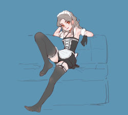 Rule 34 | 1girl, bare shoulders, black dress, black gloves, black panties, breasts, bright pupils, cleavage, closed mouth, couch, detached sleeves, dress, gloves, grey hair, grey thighhighs, hand up, highres, knee up, lan mao akko, looking at viewer, medium hair, no shoes, orange pupils, original, panties, puffy detached sleeves, puffy short sleeves, puffy sleeves, red eyes, short dress, short sleeves, sitting, sitting sideways, small breasts, smile, solo, thighhighs, underwear