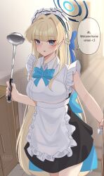 Rule 34 | 1girl, akanora, apron, aqua bow, black dress, blonde hair, blue archive, blue bow, blue eyes, blue halo, blush, bow, breasts, commentary request, dress, earrings, english text, frilled apron, frills, hair bow, halo, highres, holding, indoors, jewelry, long hair, looking at viewer, maid headdress, medium breasts, open mouth, sleeveless, solo, speech bubble, toki (blue archive), very long hair, white apron