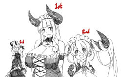 Rule 34 | 3girls, apron, bare shoulders, blush, braid, breasts, cleavage, commentary, demon girl, demon horns, detached sleeves, eu03, female focus, hair over shoulder, height difference, horns, huge breasts, lace-up top, long hair, maid, maid apron, monochrome, multiple girls, original, ponytail, simple background, single braid, sketch, spot color, tears, twintails, very long hair, waist apron, white background